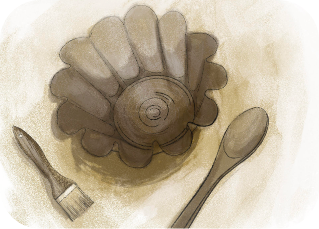 Baking mold with pastry brush and wooden spoon illustration